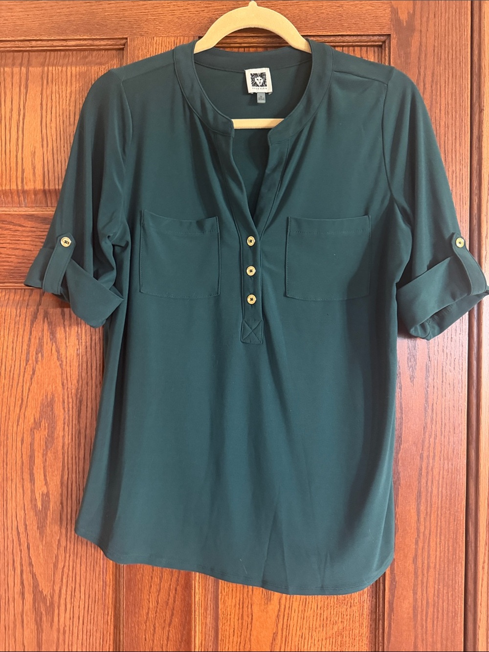 Anne Klein Forest Green Split-Neck Button Tunic
